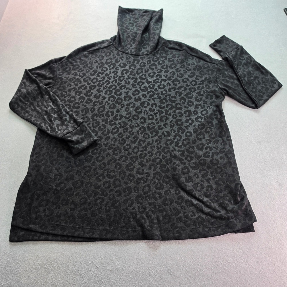 Saks Fifth Avenue Women XS Leopard Print Turtleneck Top Grey Black Drop Shoulder